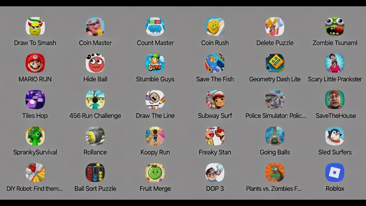 Mario, Roblox, Squid Game,Kick The Buddy,CountMaster,Emily Dream,Save TheFish,Snake.io,Hole.lo