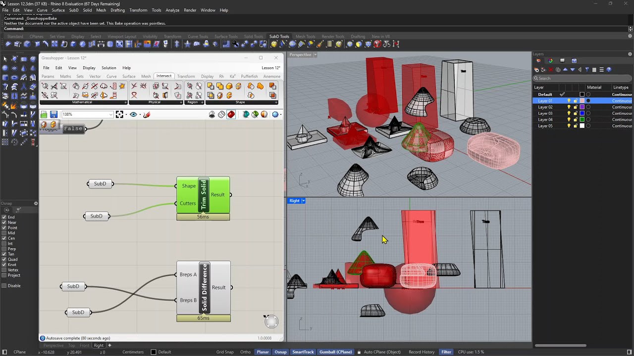 GRASSHOPPER - Lesson 12 - Brep, Mesh, SubD, Boolean, Union, Subtraction, Intersection, Split, Trim