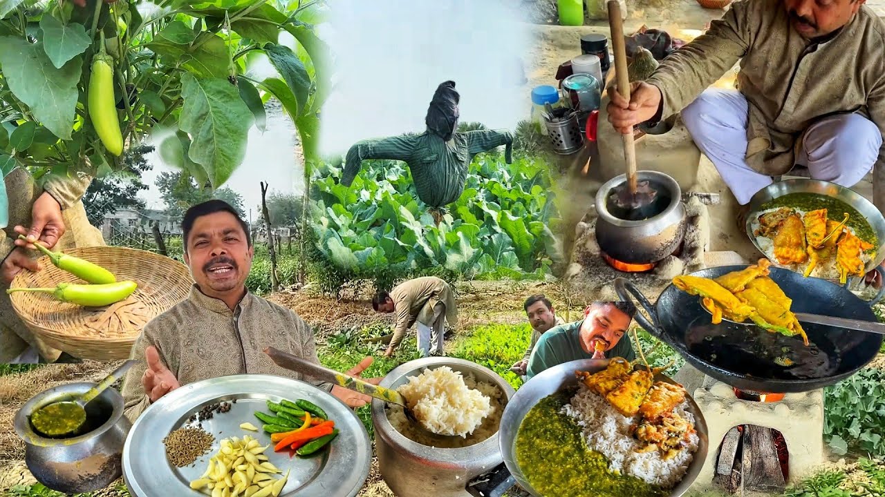 मेरे गांव के तरीके से बनाएं मेहमानों के लिए सिंपल वेज थली चावल पालक की दाल बैगन का पकोड़ा बजका