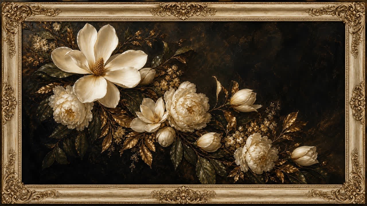 Black Satin Peony Elegance Floral Frame | 1 Hour 4K OLED TV Art with Vivaldi Winter