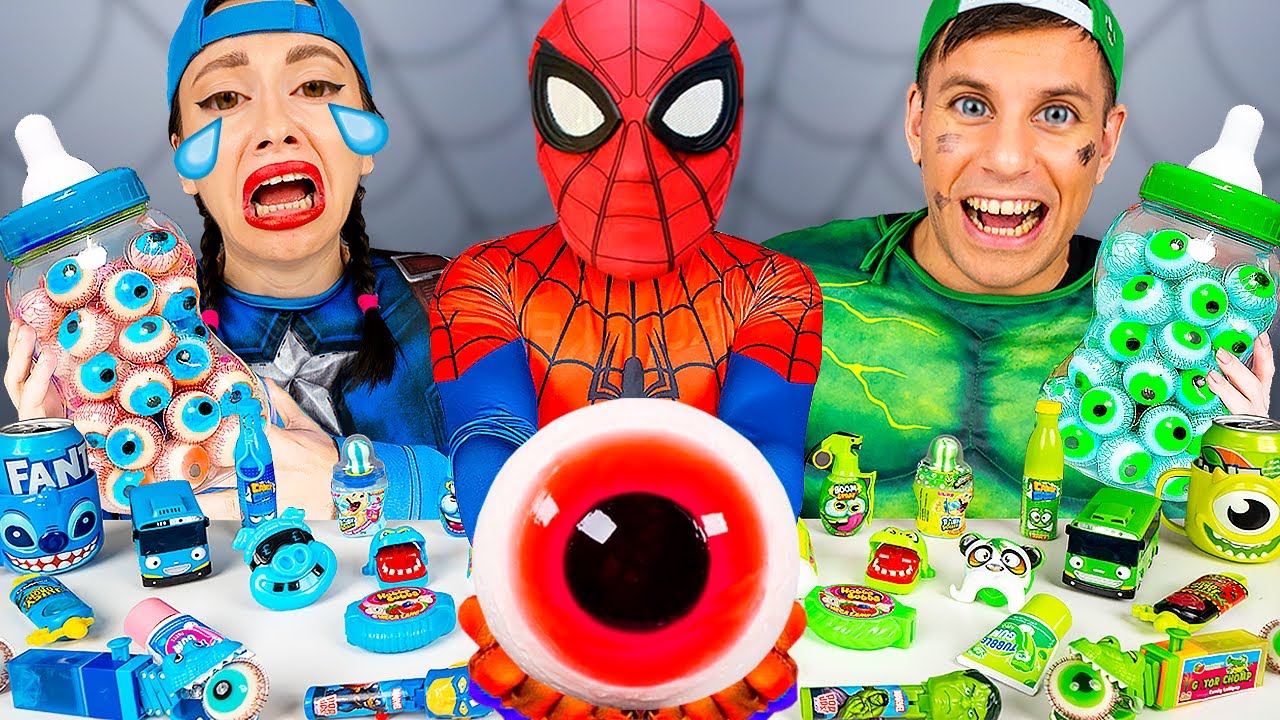 Blue Food VS Green Food Challenge 그린 블루 푸드 챌린지 ASMR MUKBANG for Superheroes by HUBABANG