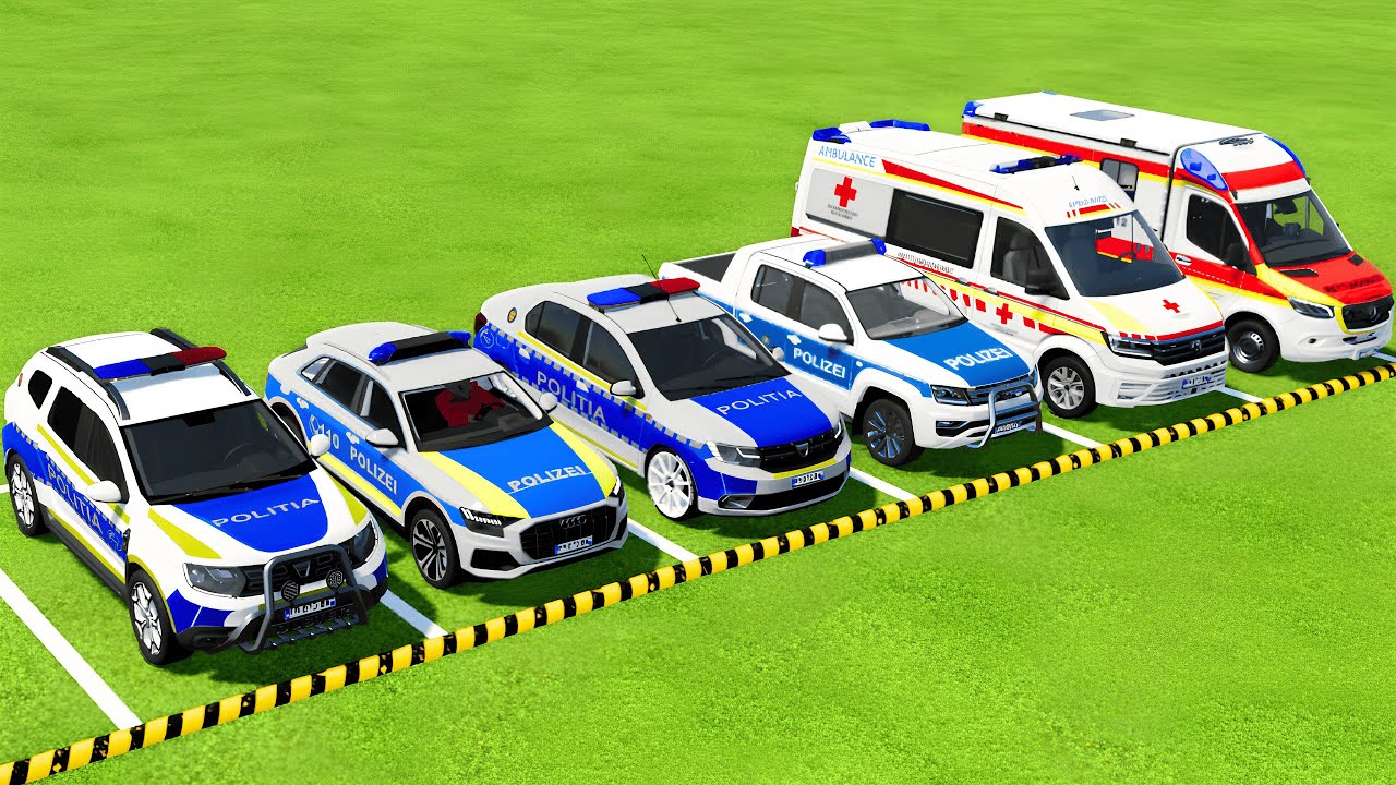 TRANSPORTING ALL POLICE CARS and AMBULANCE EMERGENCY VEHICLES WITH TRUCKS ! Farming Simulator 22