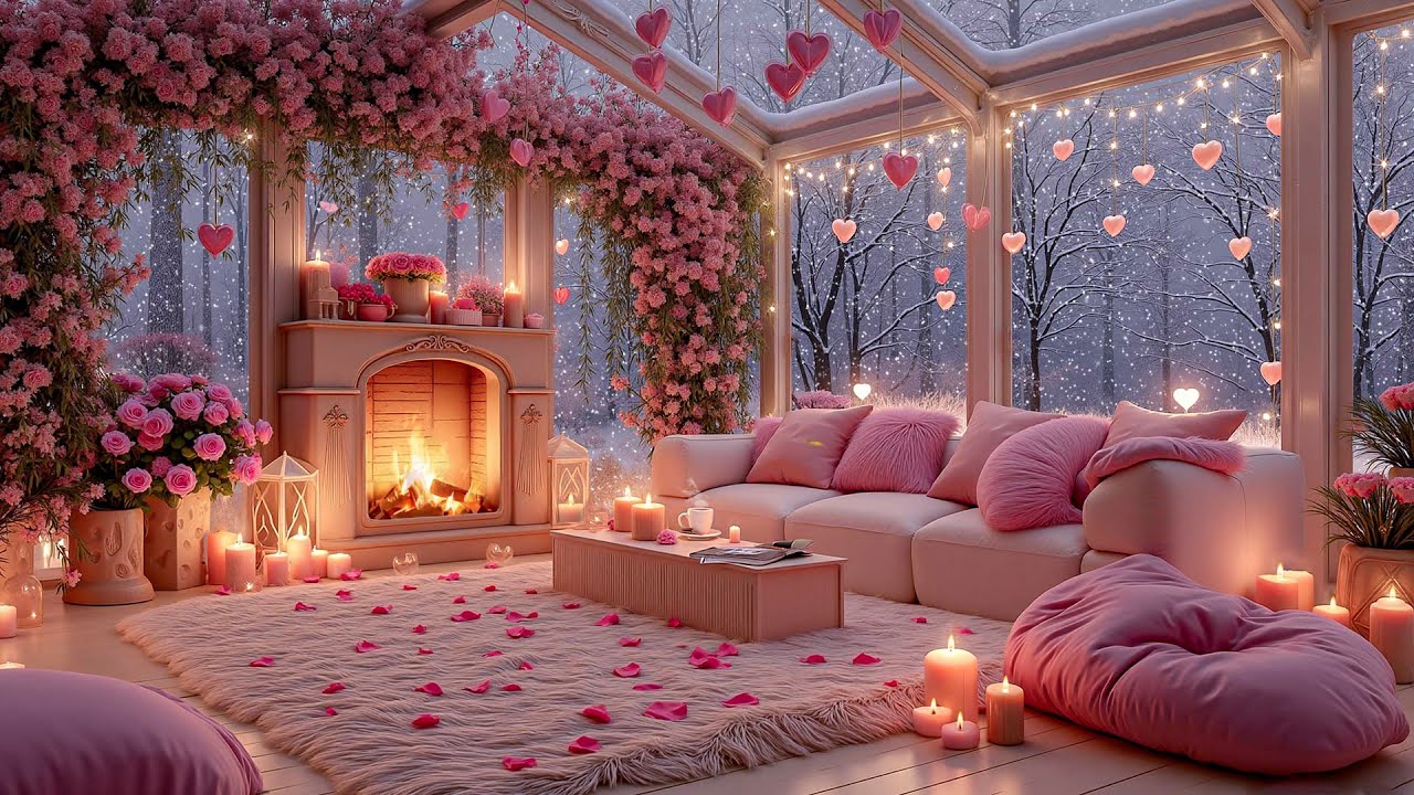 Cozy Valentine’s Pink Snow Terrace 💕❄️🔥 Relaxing Jazz & Warm Fireplace for Deep Rest & Chill
