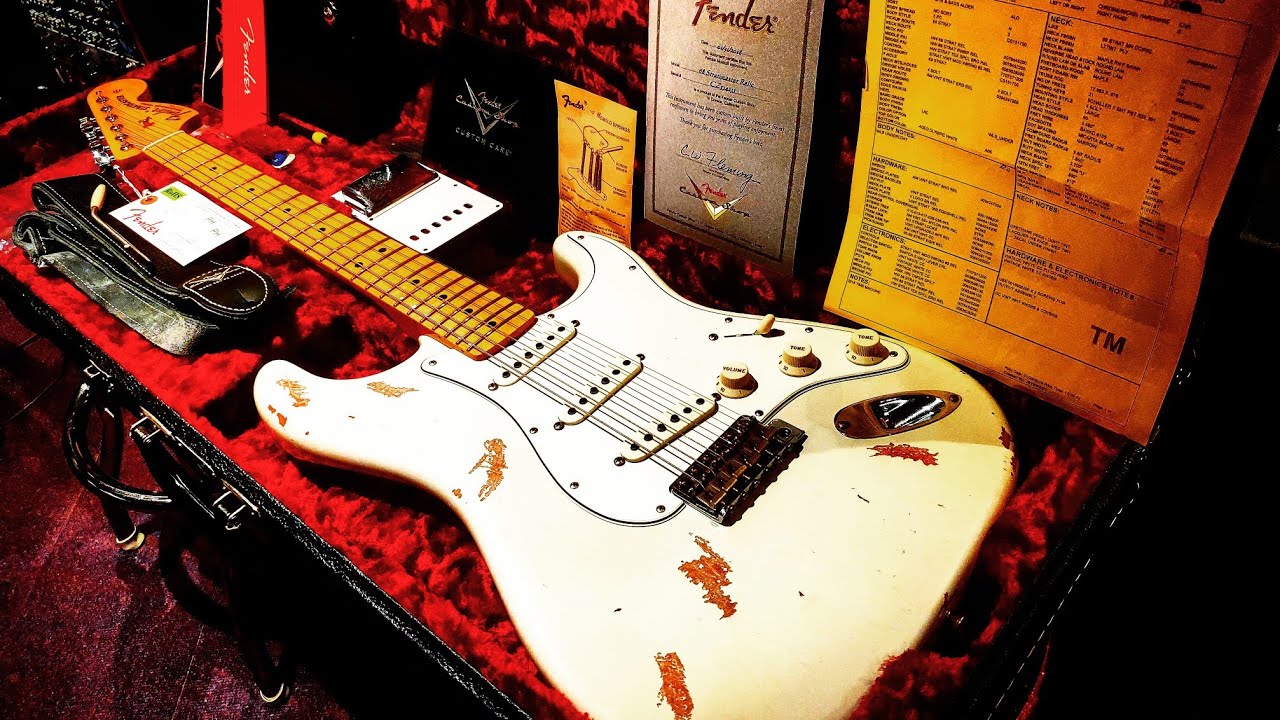 1968 Fender Stratocaster Custom Shop Relic Reissue Strat Aged Olympic White Guitar Video Up Close