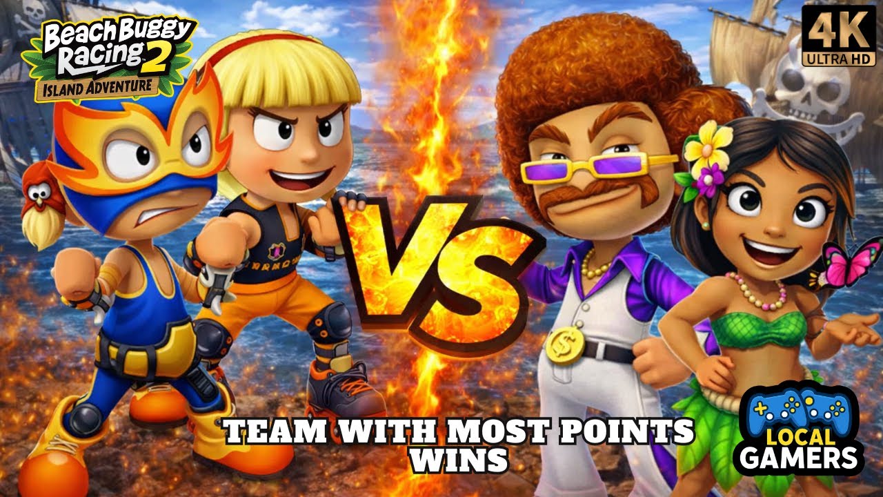4 Player Split Screen (2v2) | Roxie & El Zipo v Disco Jimmy & Leilani | Beach Buggy Racing 2