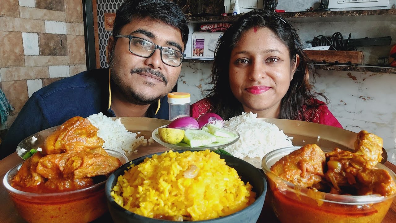 Eating Show - Spicy🔥Chicken Er Lal Jhol, Basanti Pulao, Rice, Salad | Mukbang | ASMR