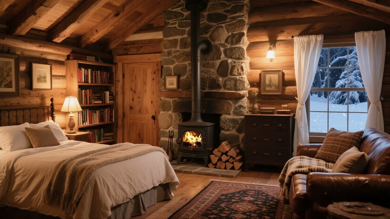 Winter Cabin Serenity: Fireplace Crackling & Snowfall for Deep Sleep, Stress Relief & Calm