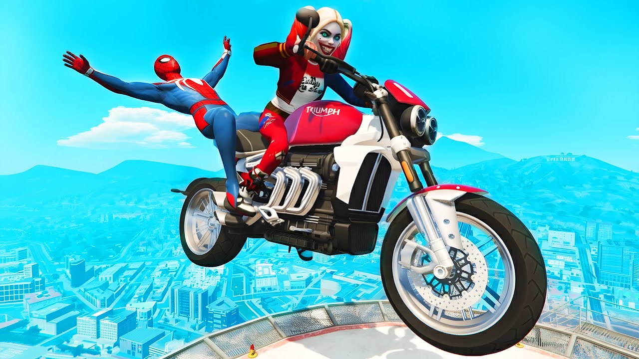 GTA 5 Spiderman & Harley Quinn - Epic Bike Jumps - Motorcycle Fails & Parkour - Spider-Man Gameplay