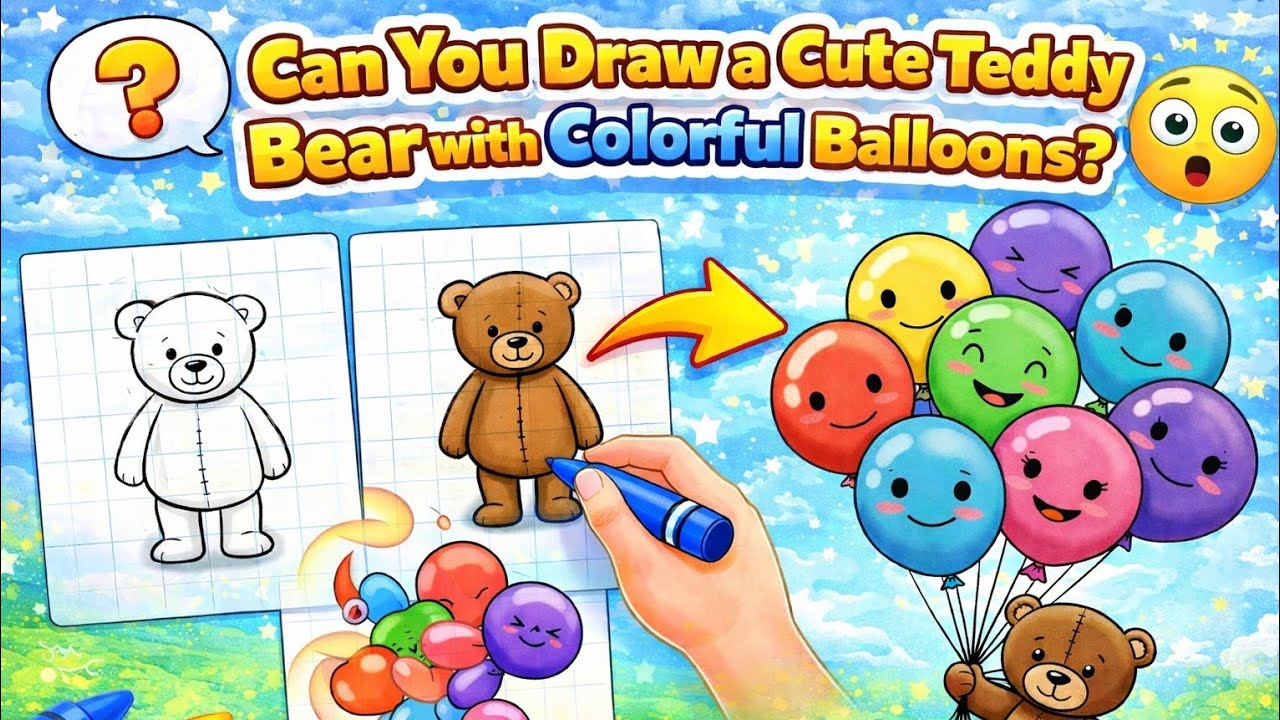Can You Draw a Cute Teddy Bear with Colorful Balloons?