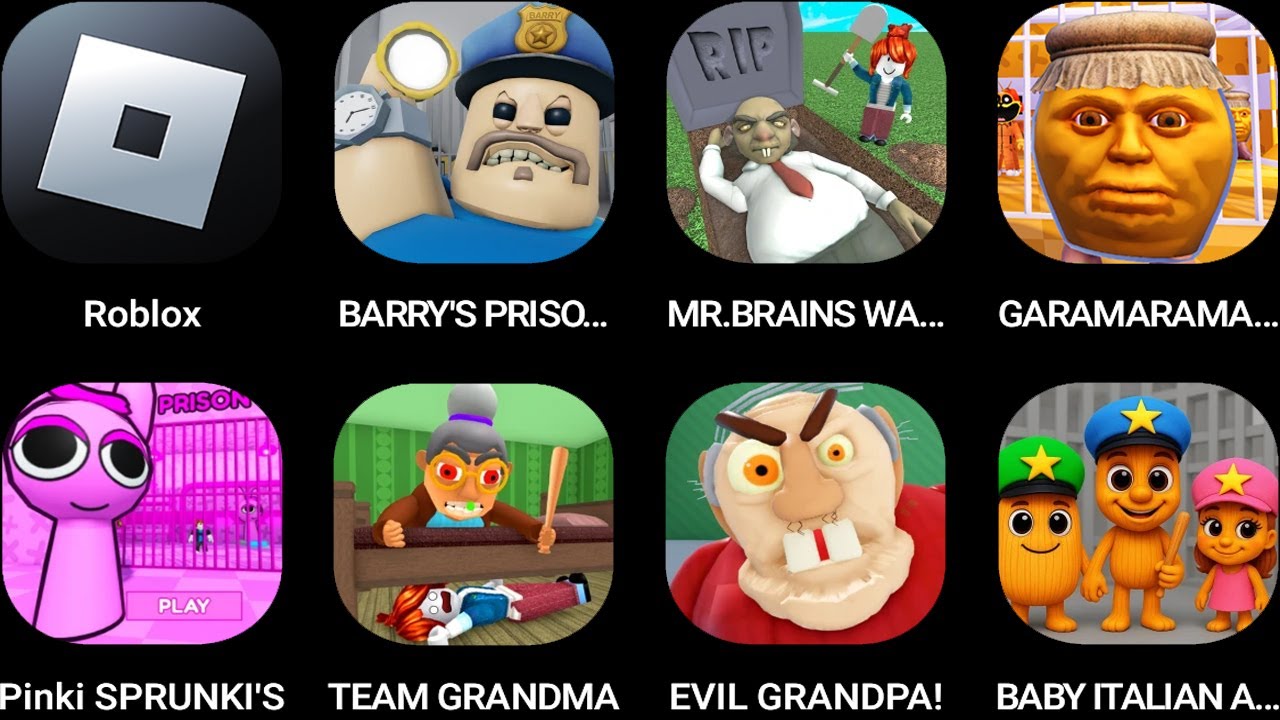 Roblox,BARRY'S PRISON RUN!,MR BRAINS WATERPARK!,GARAMARAMAN'S,PINK SPLANKI'S,TEAM GRANDMA...