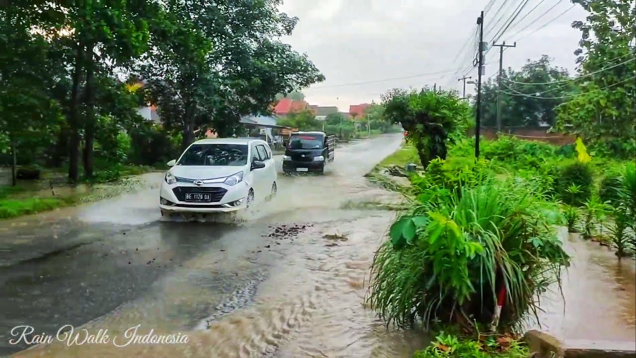 Walking in Heavy Rainstorm | Rural Village Street Full of Passing Vehicles and Rain Sounds