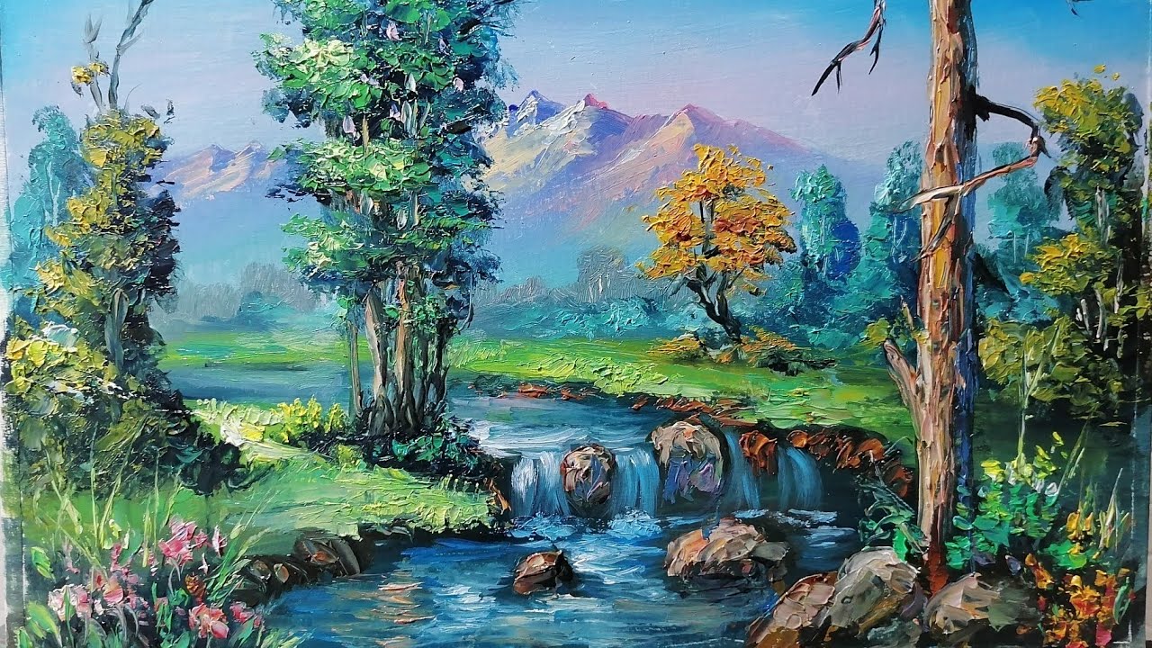 #65.Como pintar PAISAJE con RÍO FACIL. ESPÁTULA Y PINCEL, Tutorial  paso a paso. Oleo