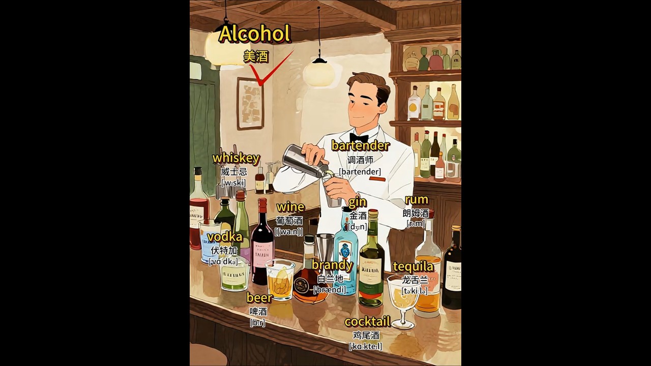 Learn 10 Alcohol Drink Names in English & 中文 🍷🍺 | Fun Bar Vocabulary #Shorts