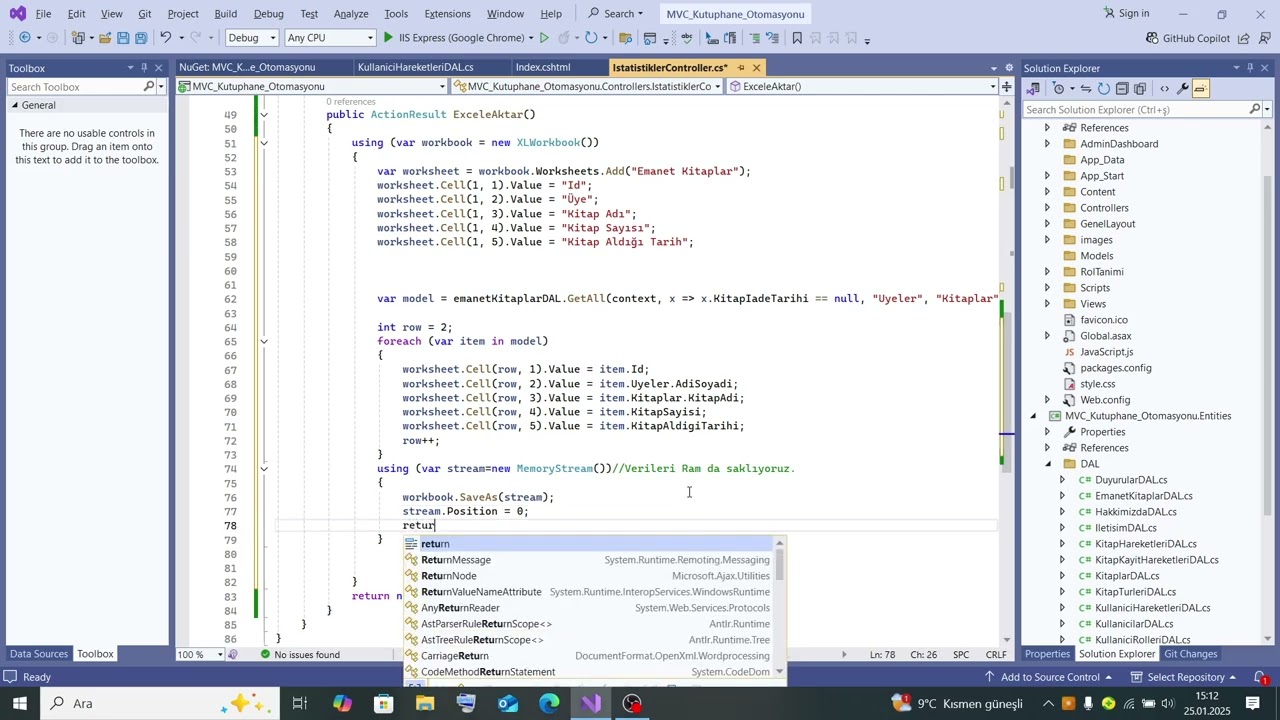 C# Asp.Net MVC Kütüphane Otomasyonu-93(Emanet Kitapları Filtreleyerek Excele Aktarma)