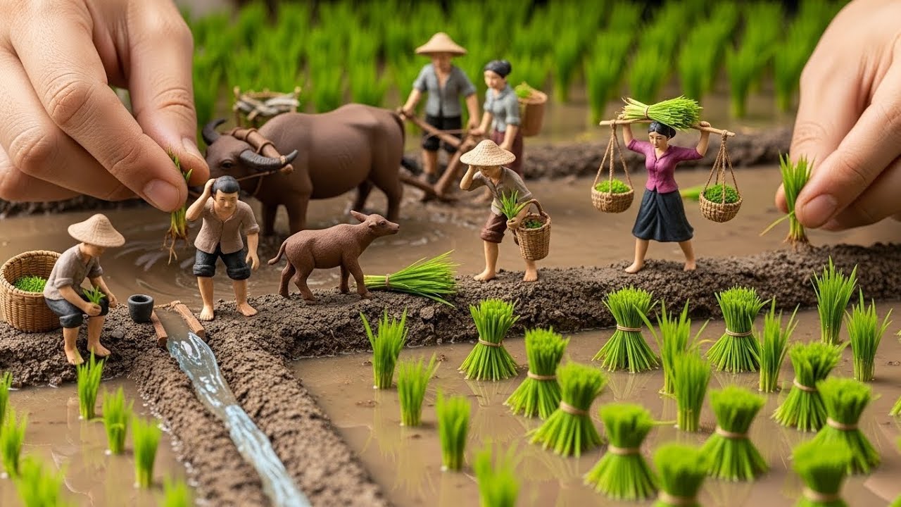 Miniature Rice Field Life &mdash; Tiny Farmers, Buffalo & Realistic Mud Planting ASMR