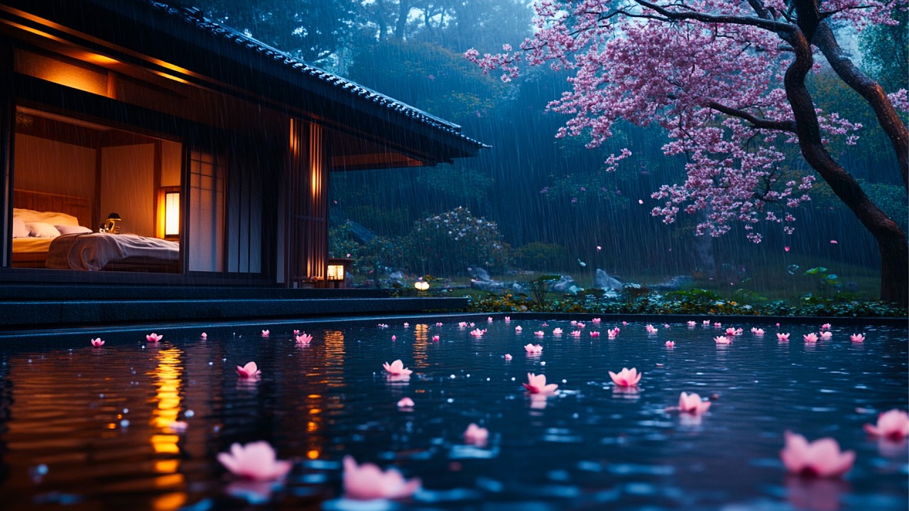 Gentle Rain Rippling the Lotus Pond 💧 | Calm Evening with Warm Wooden House Light