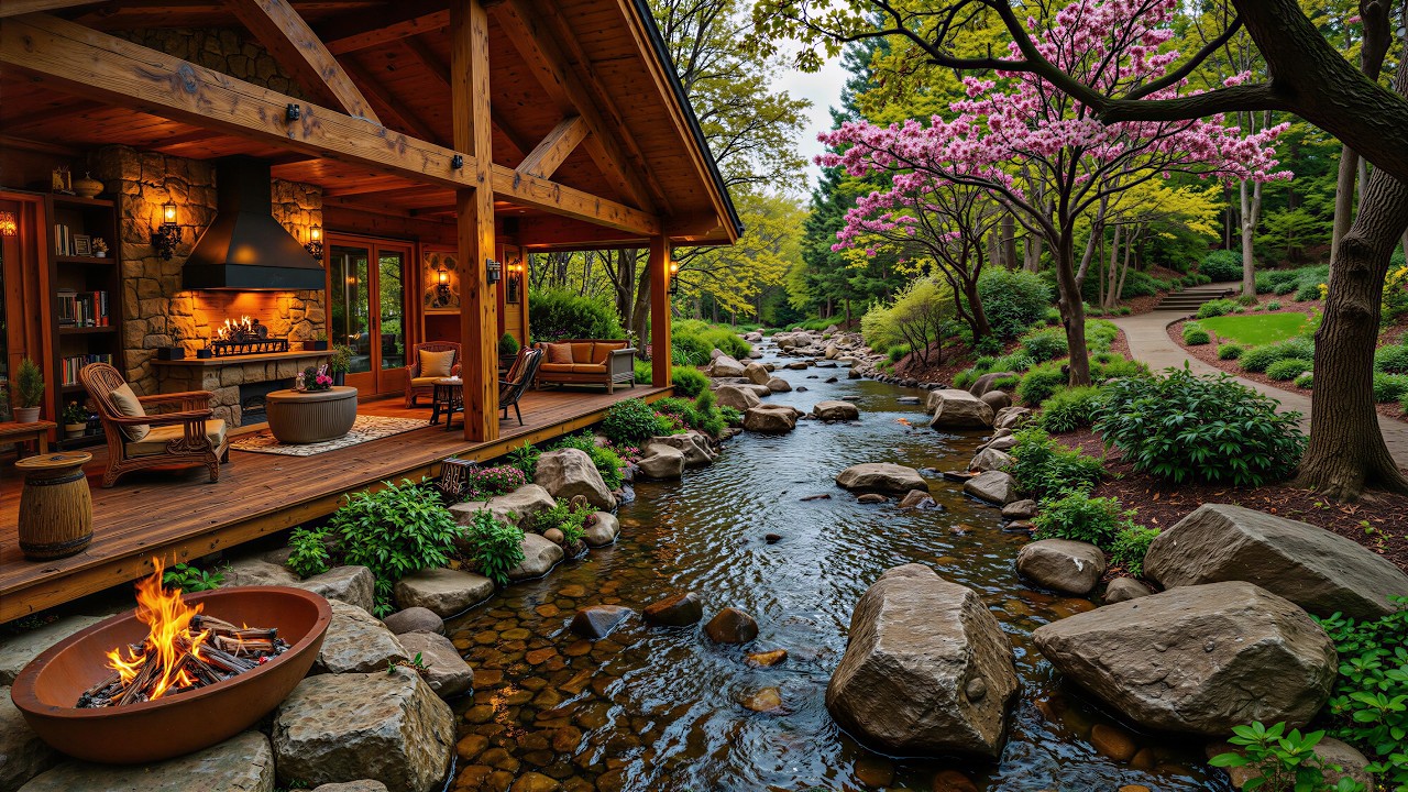 This Spring Piano Music River Porch Scene 🌿 Peaceful Campfire & Birds Songs Quietly Calms Your Mind