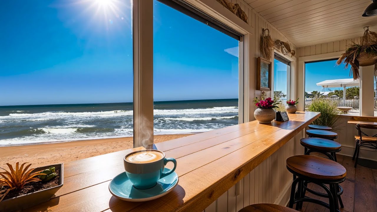 Cozy Beach Coffee Shop Ambience ☀️ Spring Break Getaway 🌊 Relaxing Ambient Waves & Nature Sounds