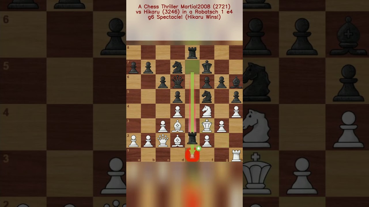 A Chess Thriller Martial2008 2721 vs Hikaru 3246 in a Robatsch 1 e4 g6 Spectacle! Hikaru Wins!