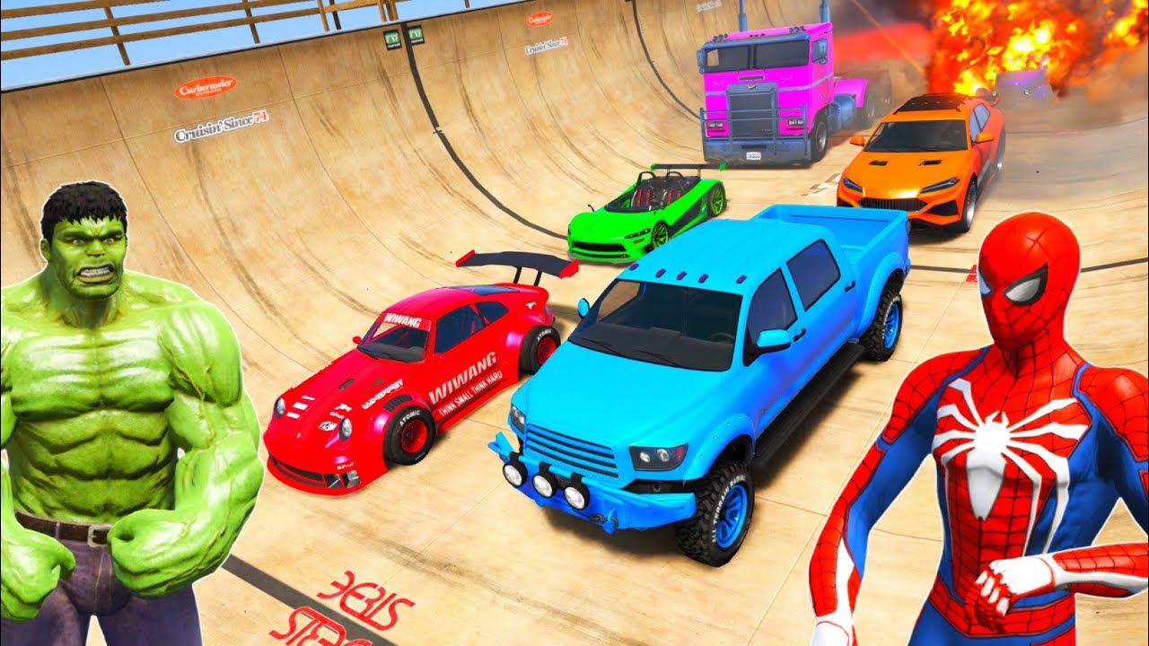 GTA 5 Spiderman vs Superheroes Epic Ramp Race Challenge | Spider-Man Cars Stunt Race with Friends