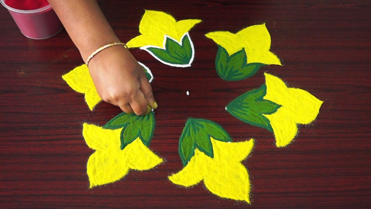 Simple kolam art designs with 5x3 dots - 5 dots rangoli designs with colours - small flower kolangal