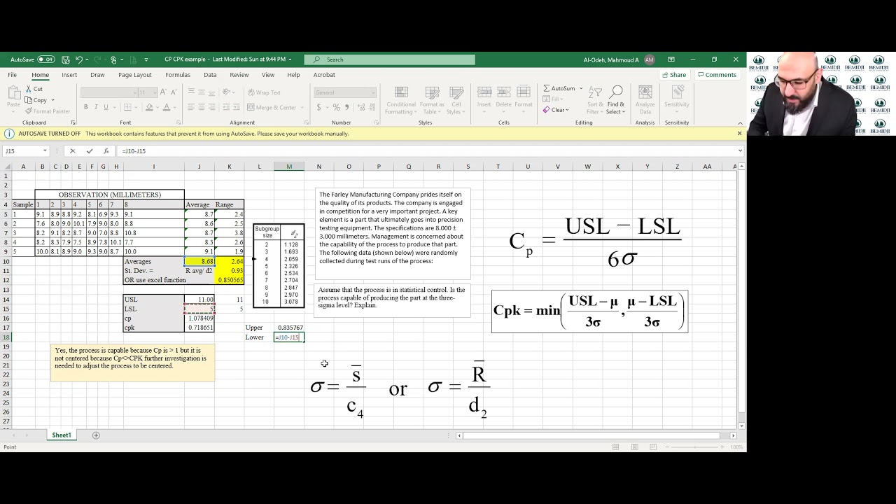 Example on Process Capability - Case Study- Cp & Cpk Calculations