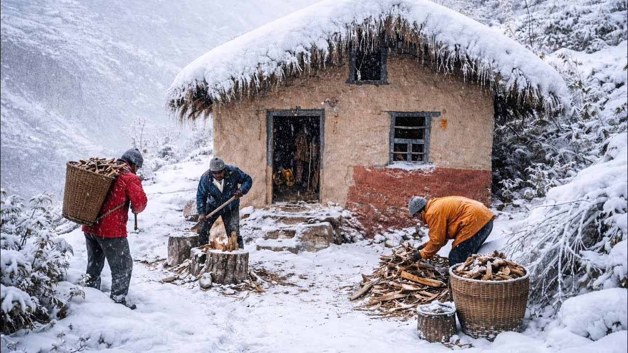 Mountain village Life in Nepal during The winter season Very danger snowfall in All work active 