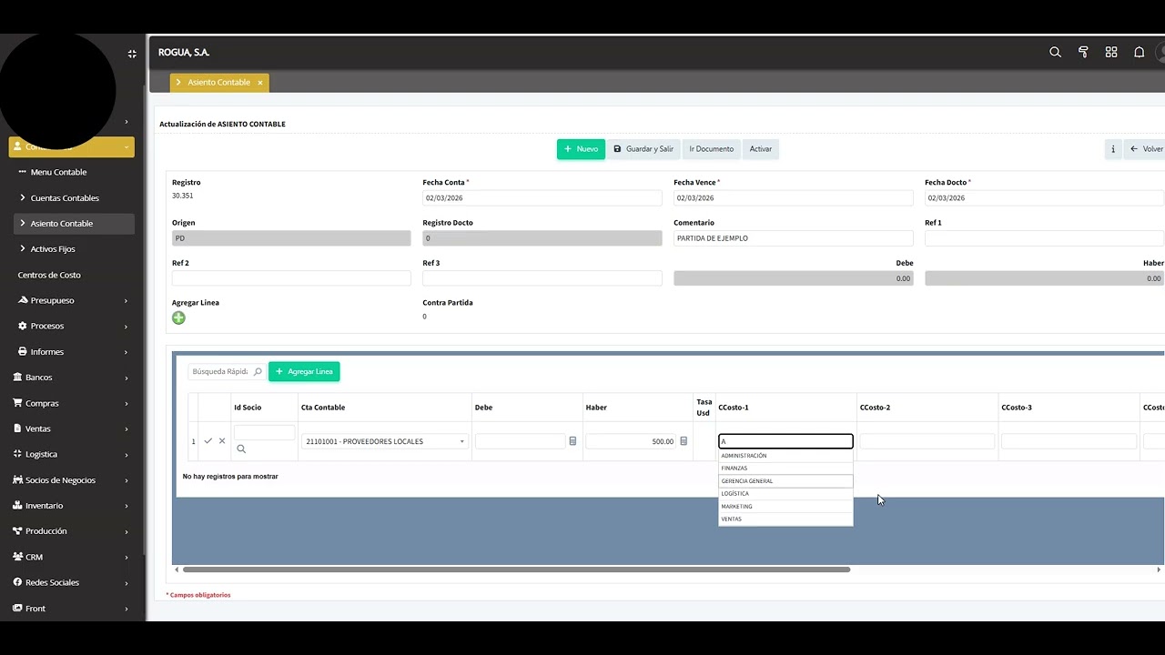 Agregando una partida contable