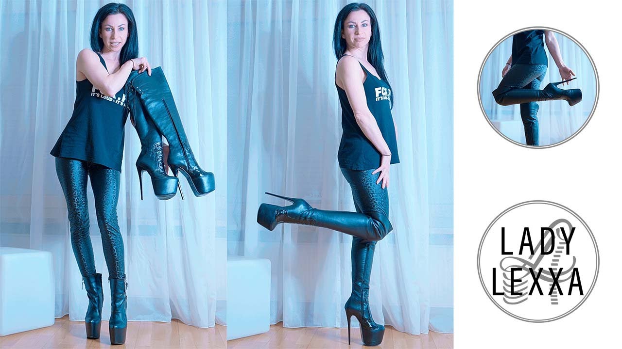 HIGH HEELS HAUL & TRY ON: LEATHER BLACK CROCO OVER KNEE BOOTS TAJNA-CLUB-SHOES AND LEATHER LEGGINGS.