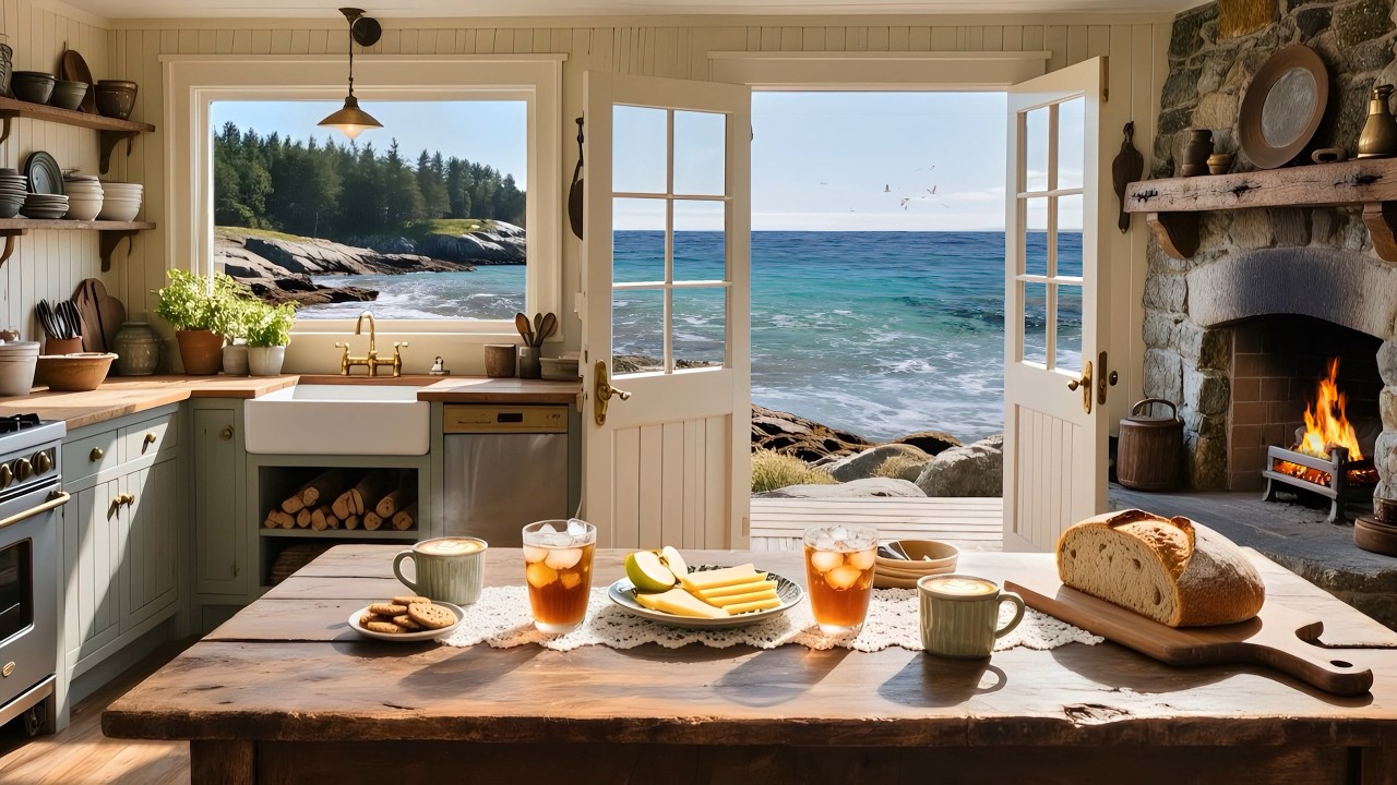Sunny Oceanfront Kitchen ☀️ Ocean Waves & Fireplace Ambience | Summer Study, Focus, Relaxation
