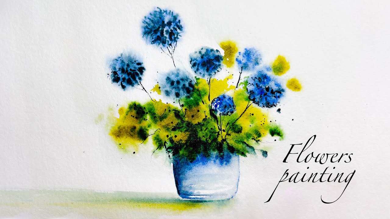 painting of blue candlestick flowers . watercolor technique painting