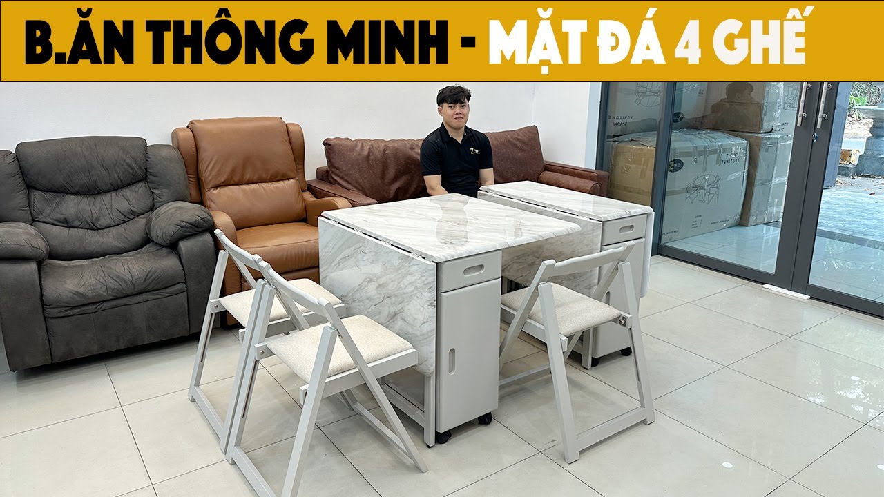 [Reviews] Bàn ăn thông minh gấp gọn mặt đá phiên bản 4 ghế