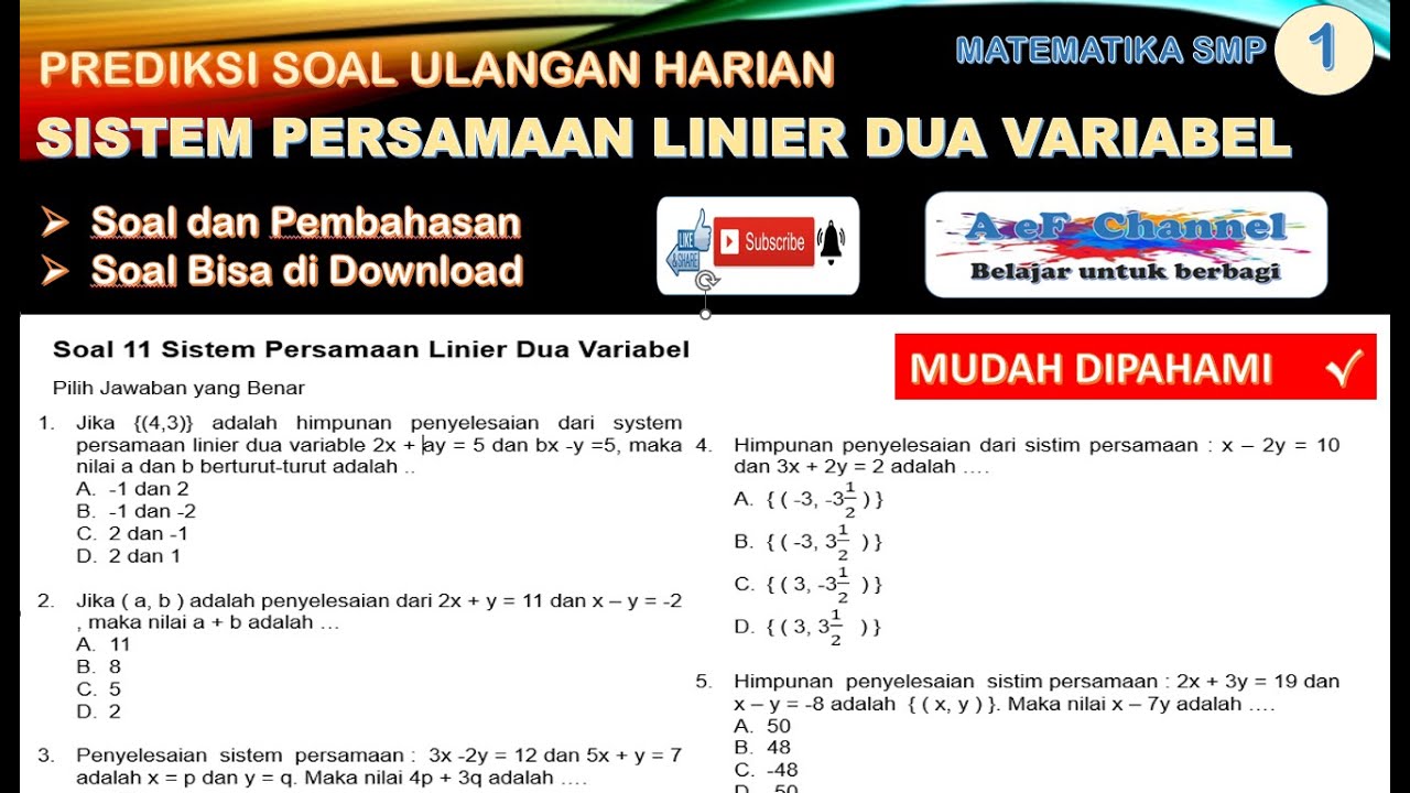 Prediksi Soal Ulangan Harian  Persamaan Linier Dua Variabel, Matematika SMP