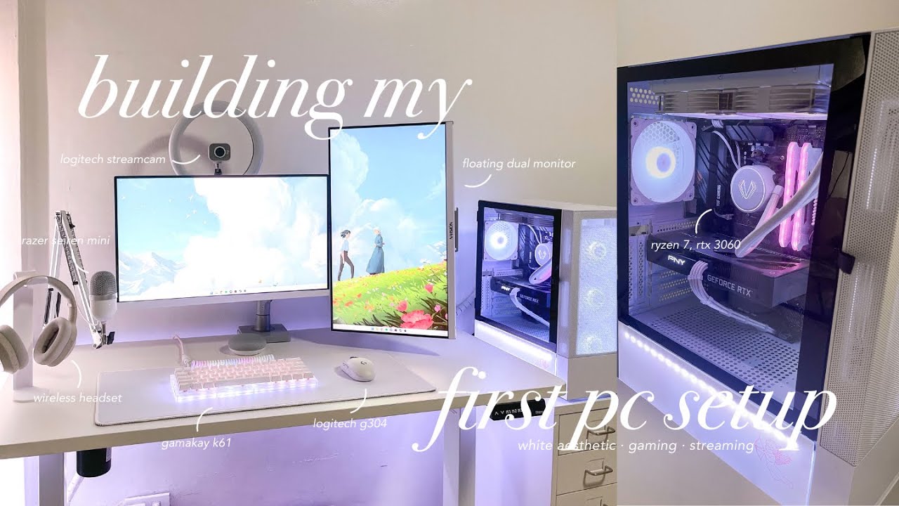 aesthetic desk setup 🤍 my first pc build, minimal + white, gaming/streaming, ryzen 7, rtx 3060