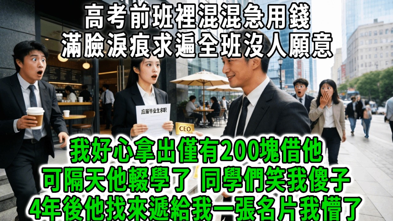 高考前班裡混混急用錢，滿臉淚痕求遍全班沒人願意，我好心拿出僅有200塊借他，可隔天他輟學了，同學們笑我傻子，4年後我畢業準備找工作進社會，他找來遞給我一張名片我懵了！#荷上清風 #爽文