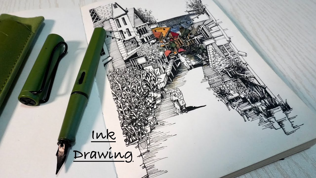 ink drawing in sketchbook | urban sketching with fountain pen