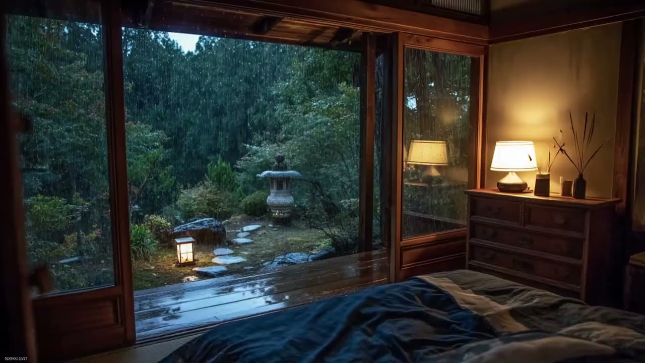 Relaxing Rain Sounds in Pine Forest Cabin 🌧️ Warm Lamp & Books for Deep Sleep and Peaceful Rest