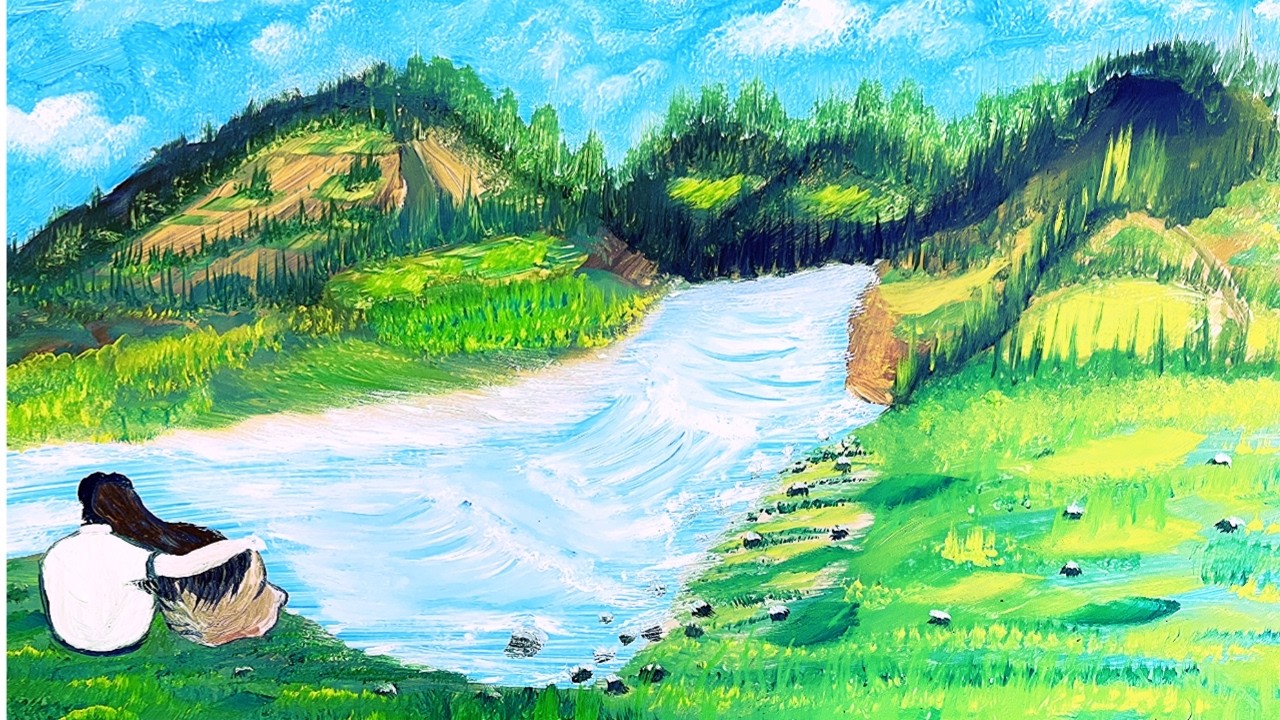Journey of silence/ two souls by the river peaceful land scape painting 