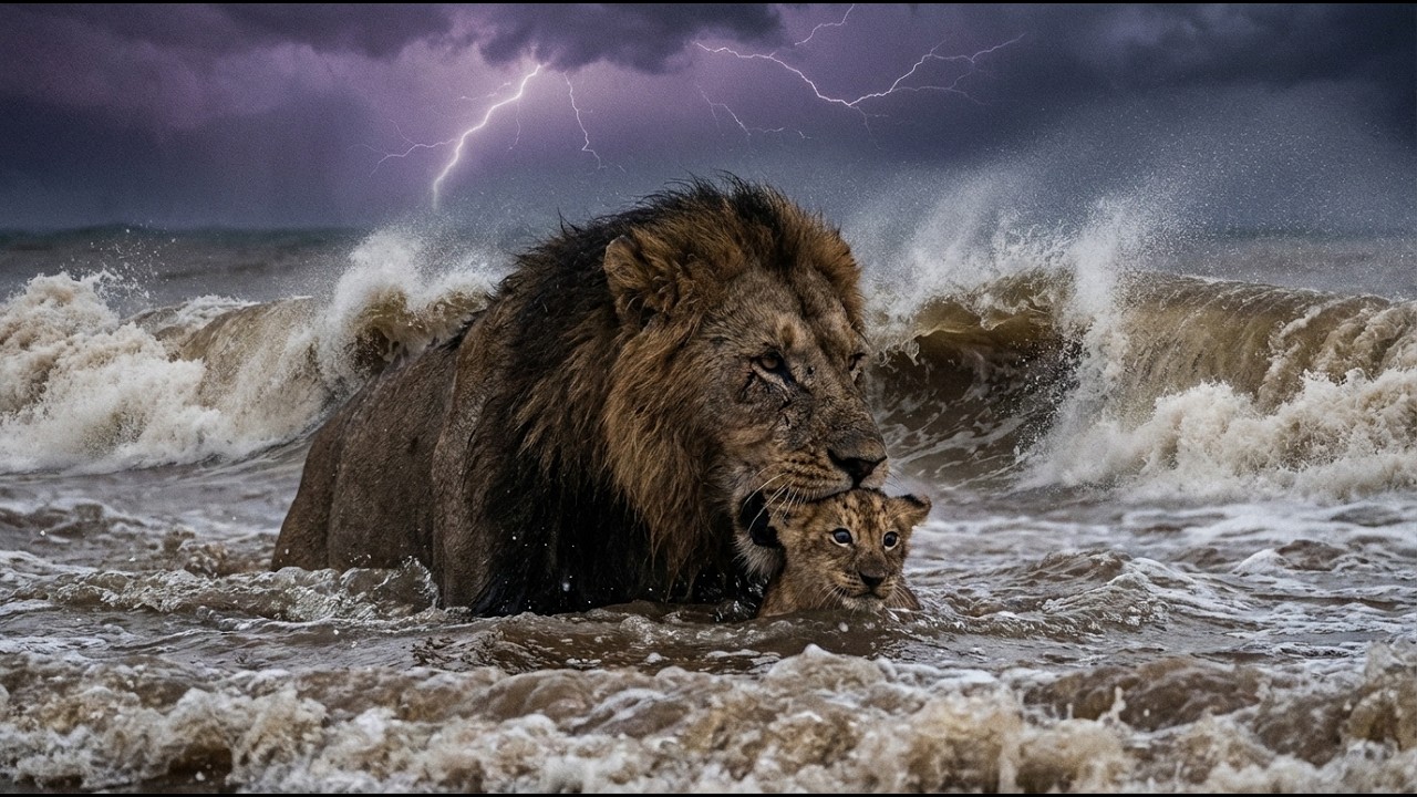 A Father’s Love: Brave Lion Rescues Cub from Deadly Flood 🦁💔