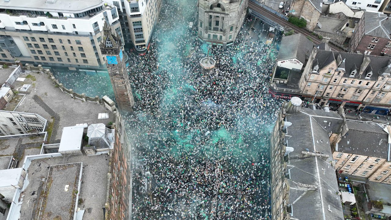 CRAZY SCENES - CELTIC FANS AT MERCHANT CITY !!!! DRONE FOOTAGE