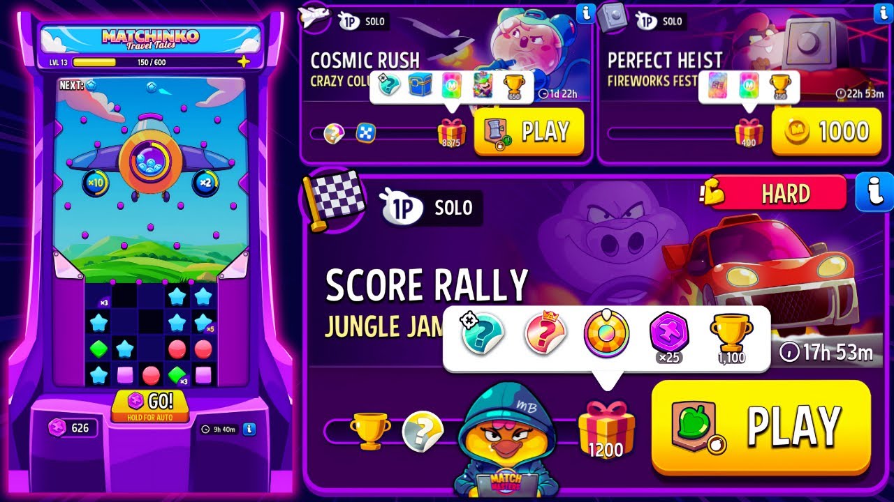 MATCHINKO TRAVEL TALES/ HARD Solo Jungle Jam Score Rally/ Crazy Columns Cosmic Rush/ Fireworks Heist