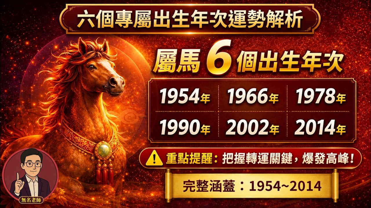 【🐴屬馬生肖，6個屬馬出生年次】1954｜1966｜1978｜1990｜2002｜2014 ，2026年該注意什麼？【2026丙午年生肖運程EP.13】👉@594sway｜搜尋：無名老師
