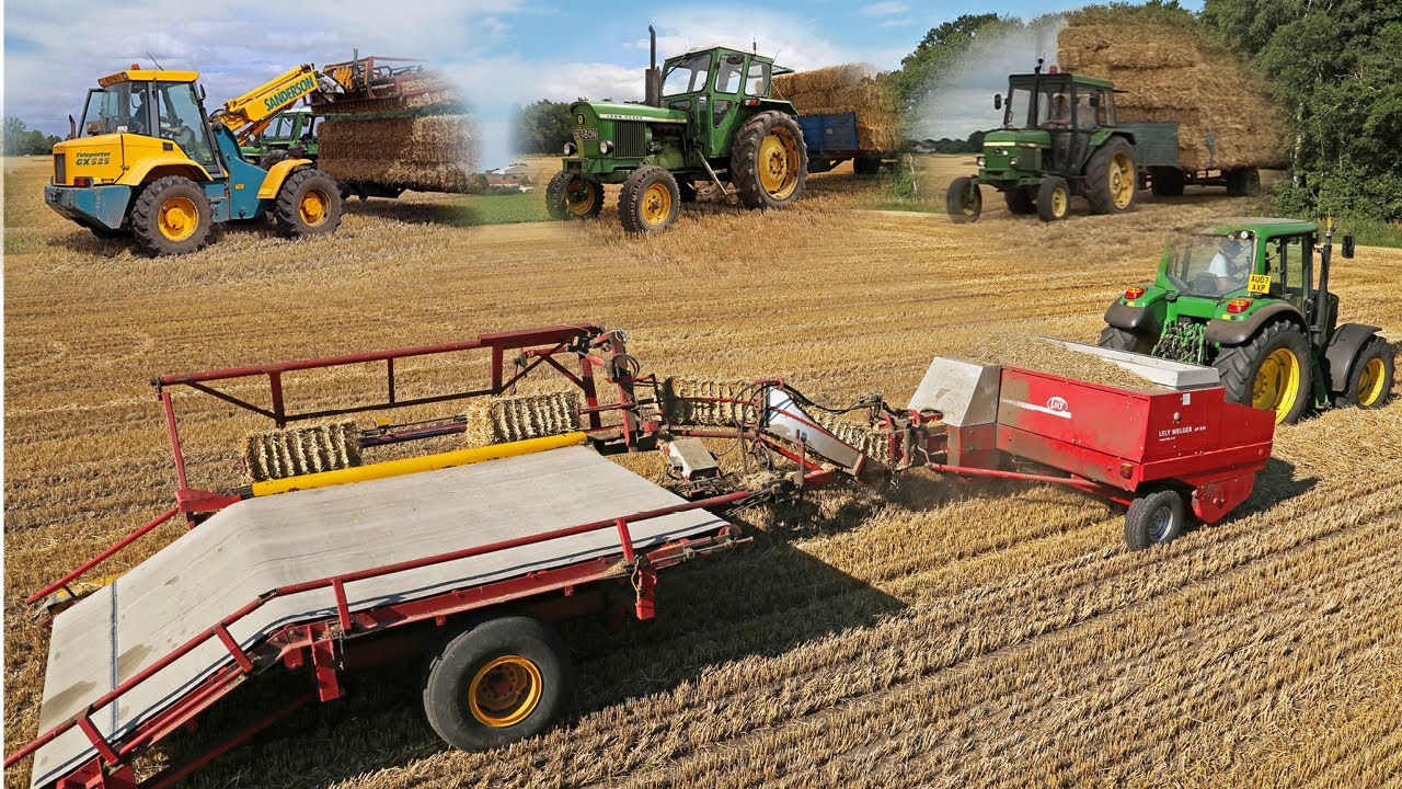 Baling and carting straw with John Deere 6420S, 1140, 2130, Welger AP830 baler and Sanderson GX525