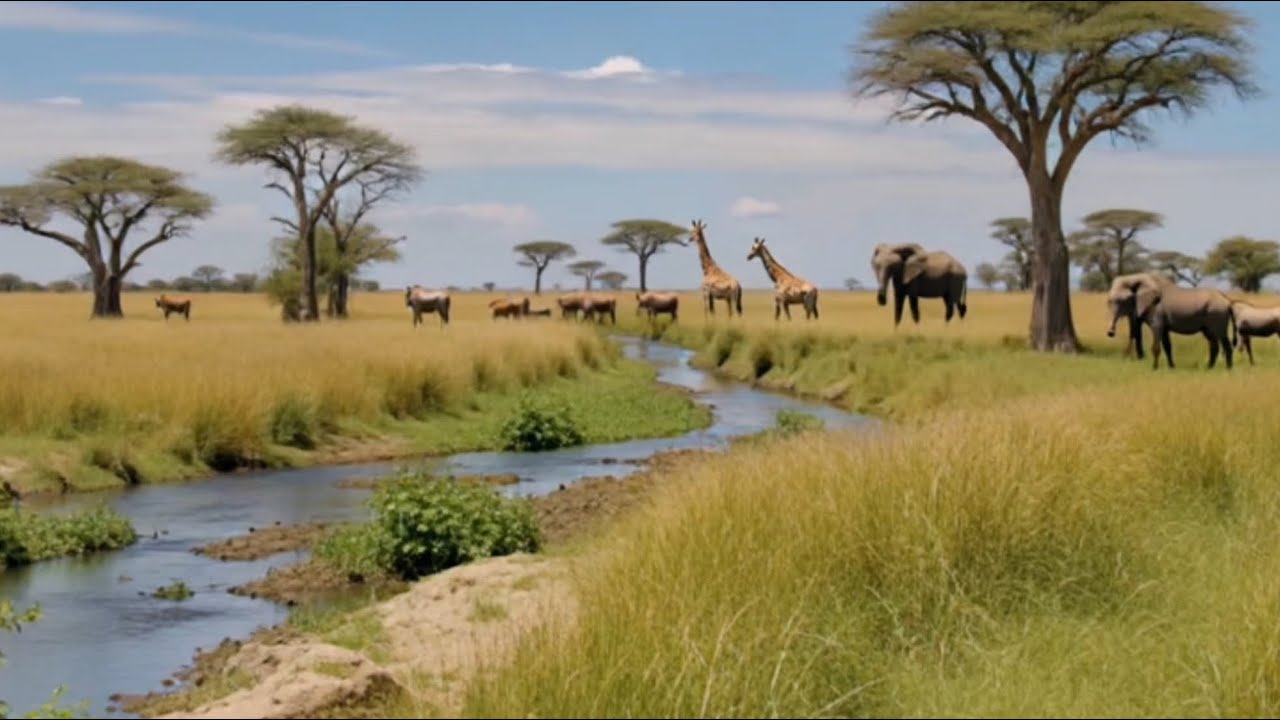 Classic African Safari background: featuring elephants, giraffes, antelopes, and lions