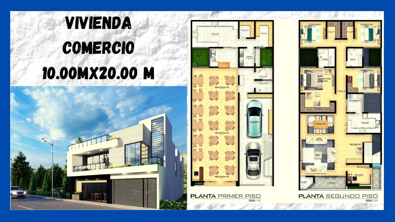 🔰 Plano ⭕NLINE de Casa 🏡 10x20 m  |  👪 Vivienda - Comercio de 2 Pisos |
