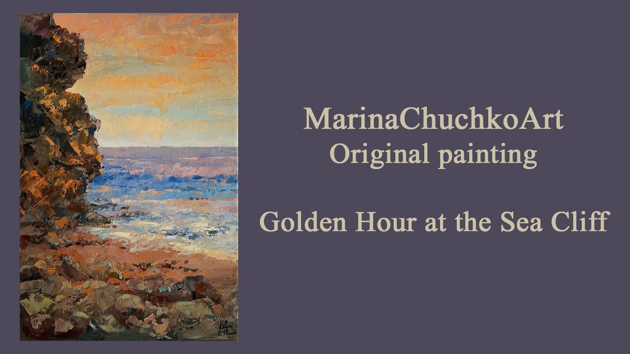 Golden Hour at the Sea Cliff Painting – Original Seascape Painting for sale – Artist Marina Chuchko
