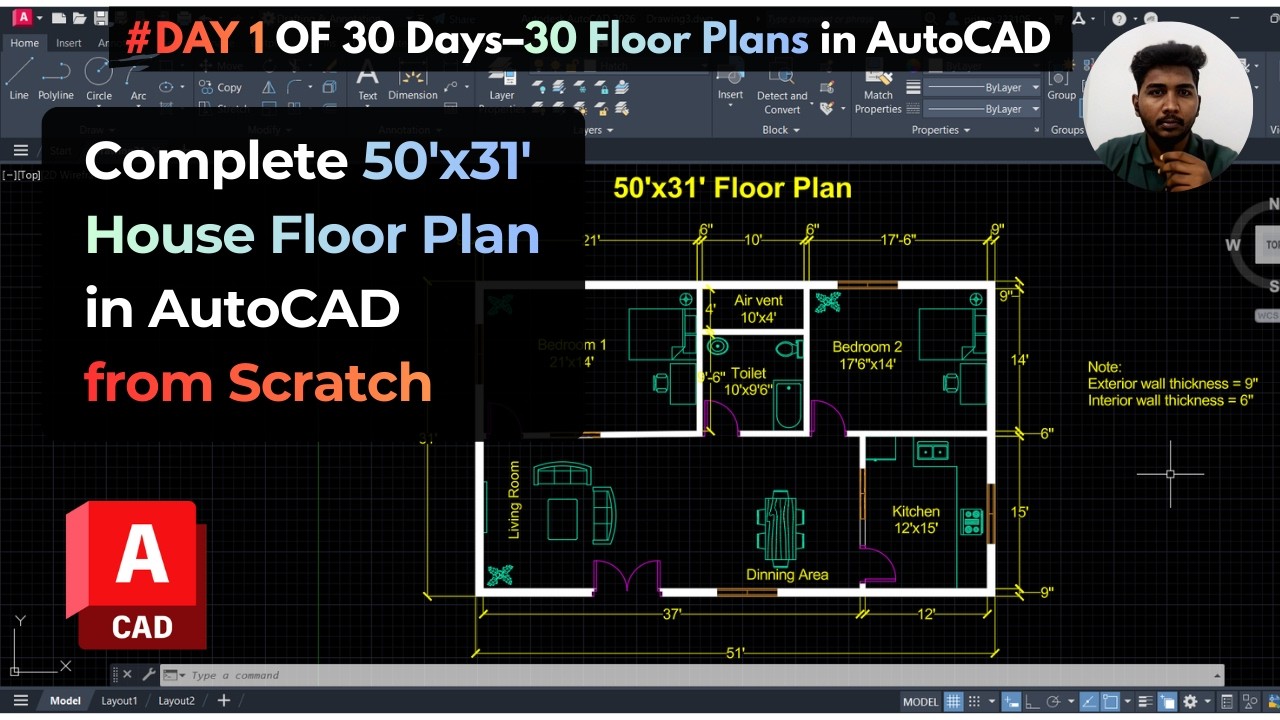 Day 1: Complete 50'×31' House Floor Plan in AutoCAD | Step-By-Step Tutorial