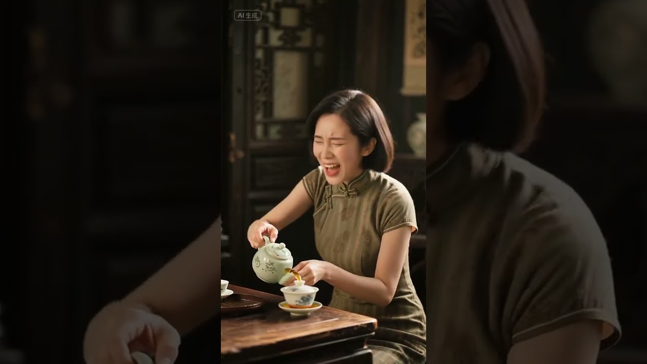 茶香飄溢：旗袍少女的開懷茶道 #茶道 #旗袍 #懷舊 #典雅 #開懷笑容 #生活樂趣 #溫馨 #寧靜