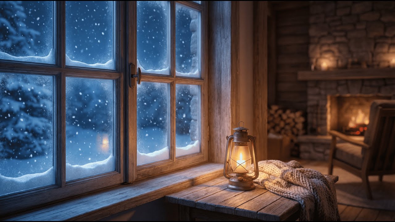 Cozy Winter Cabin Ambience ❄️ Snowstorm Window & Relaxing Jazz Music | 4K Sleep & Study
