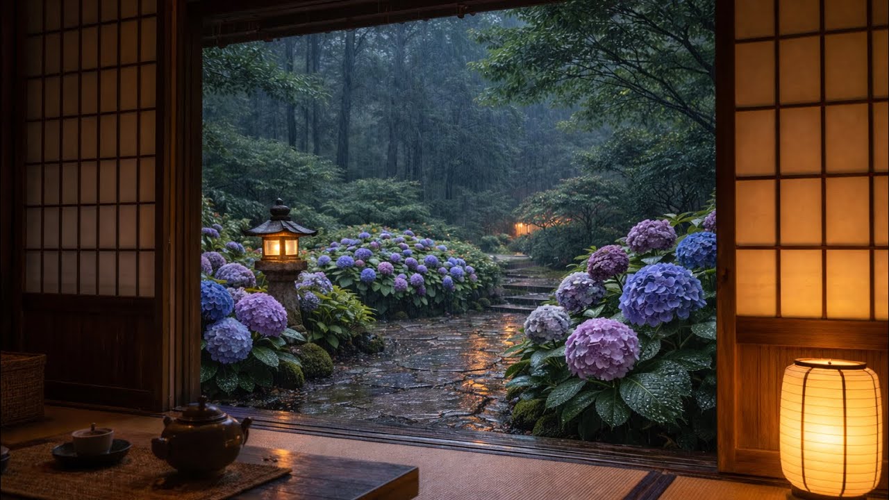 Hydrangea Garden by an Old Japanese House | Rain Ambience